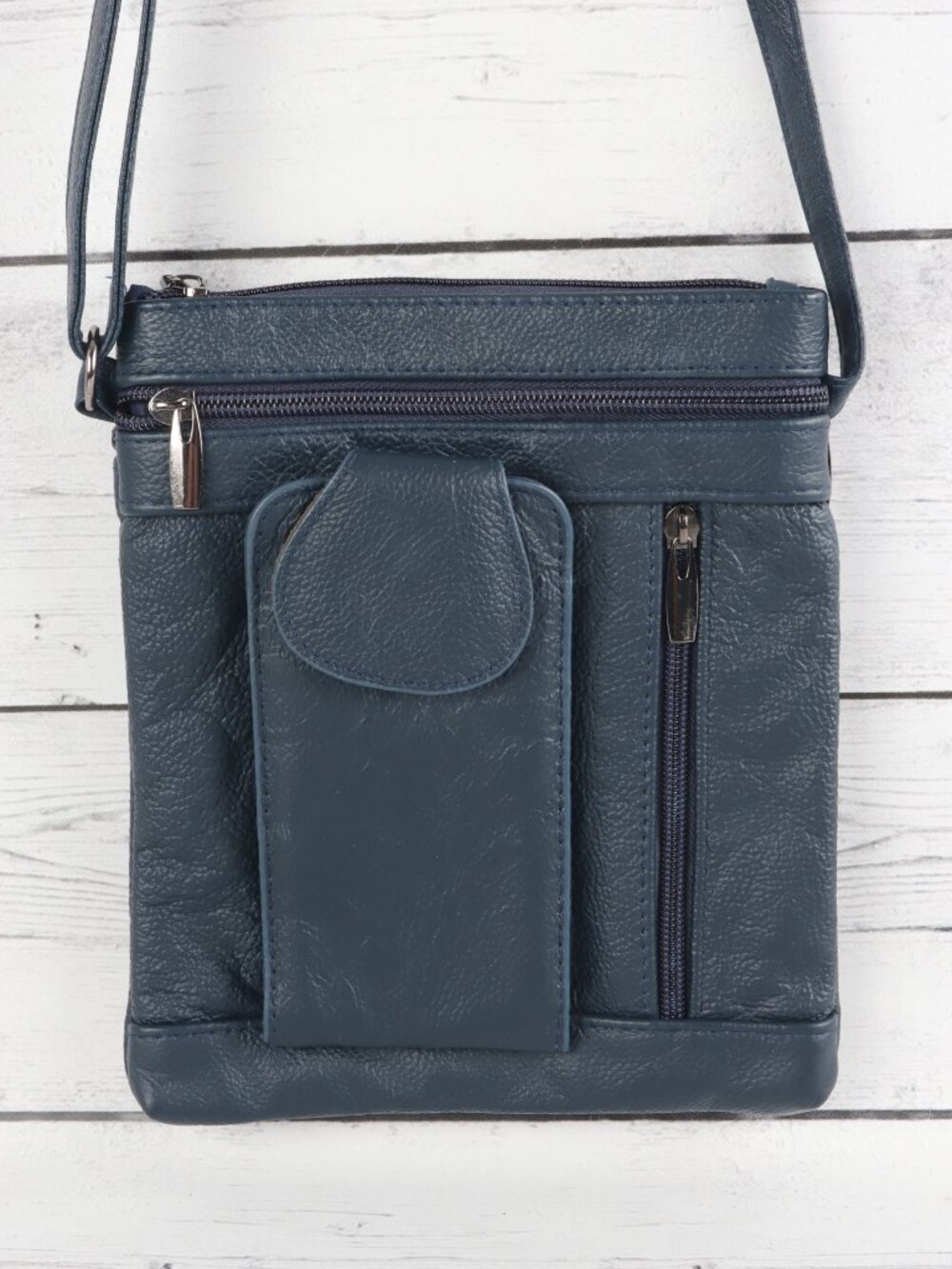 SteelTime Blue Genuine Leather Multi-Pocket Crossbody Bag - Picture 5 of 7